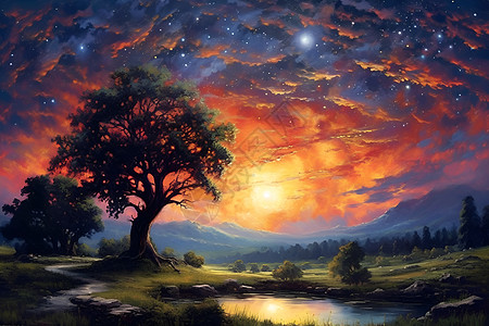 夜空下的美丽油画图片