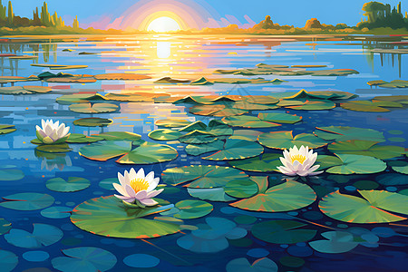 湖泊夕阳下的莲花图片