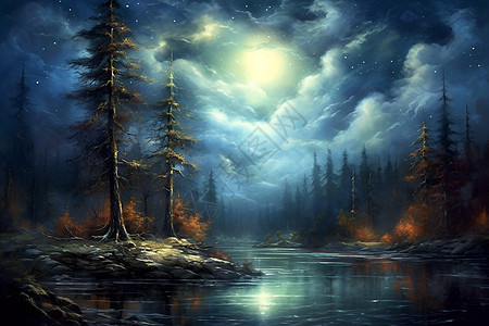 星空森林的奇幻美景背景图片