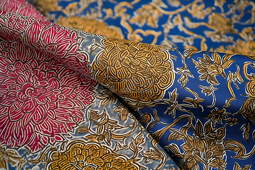 蓝金花纹细节的丝绸图片