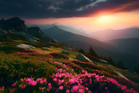 野花盛开山峰背景图片