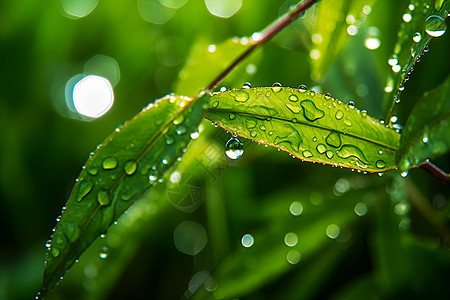 沾满雨滴的绿叶特写图片