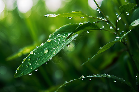 露珠特写雨中清新的绿叶背景