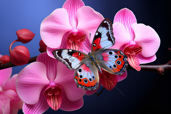 花瓣上美丽的蝴蝶特写图片