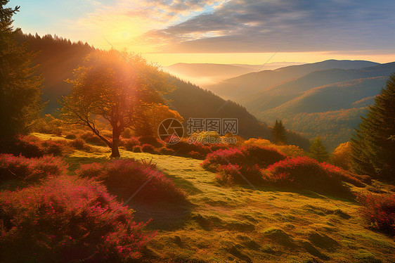 秋季山间的日落景观图片