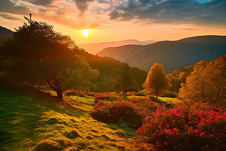 夕阳下山谷的美丽景色图片