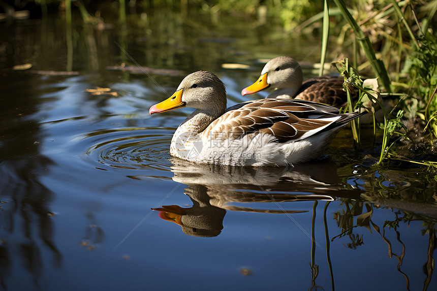 池塘中嬉戏的野鸭图片
