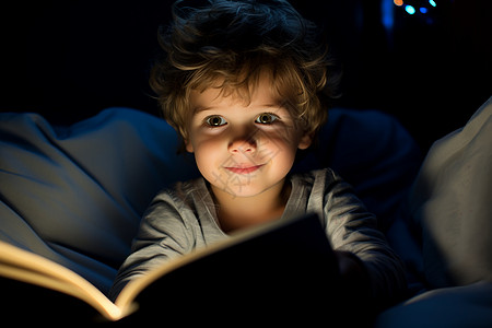 小男孩在床上看书图片