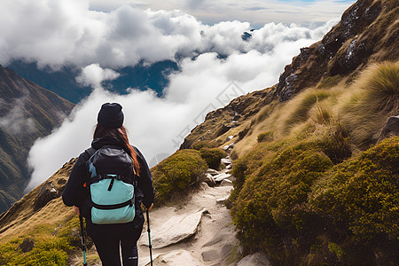 勇往直前攀登山峰的旅者背景