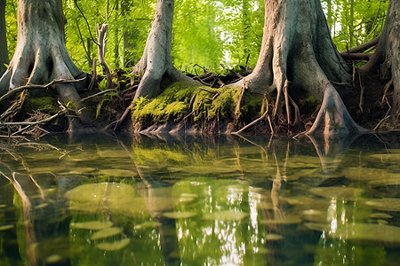 湖面中的树根和苔藓图片