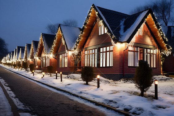 雪夜中一排住宅图片