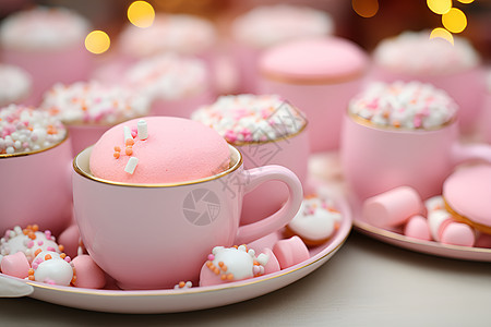 茶杯里的粉色棉花糖图片