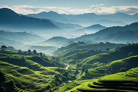 梯田俯视翠绿山谷背景