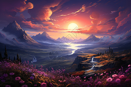 山谷夕阳下的美景图片