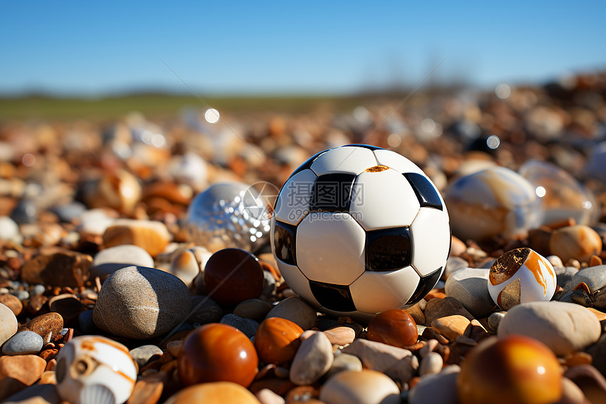 鹅卵石地上的足球图片