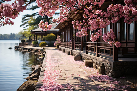 湖畔的花朵和房屋图片