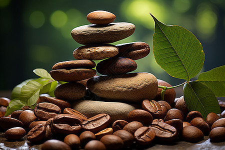 竹林寂静一堆石头和咖啡豆背景图片
