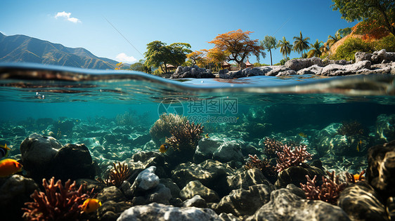 清澈海水下的珊瑚和鱼图片