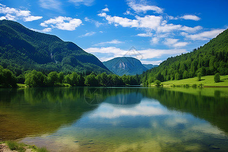 清澈溪水碧水环山背景