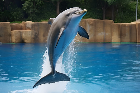 水族馆表演跳跃出水面的海豚背景