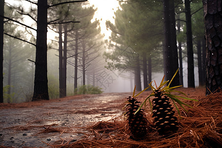 森林中的雾霾和松果背景图片
