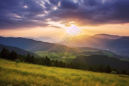 户外壮观的夕阳和山脉背景图片