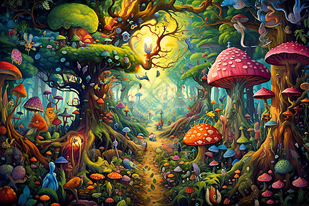 奇幻森林中的蘑菇背景图片