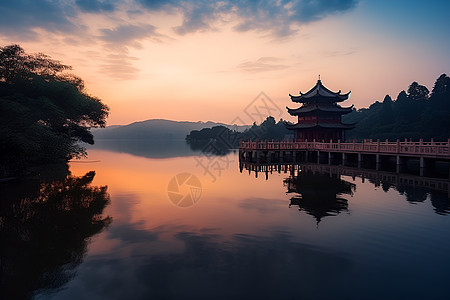 夕阳下的湖泊美景图片