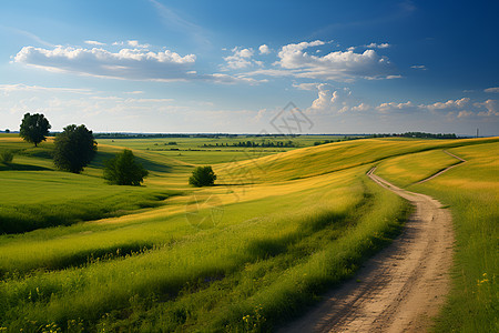 土路穿过绿色的田野图片