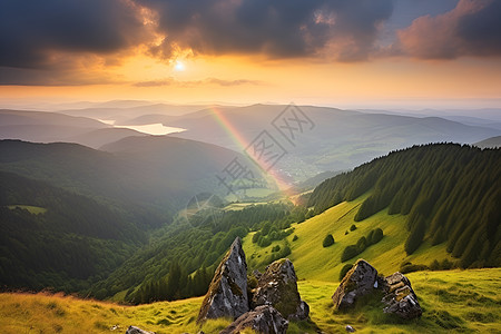 户外登山山谷上方彩虹背景