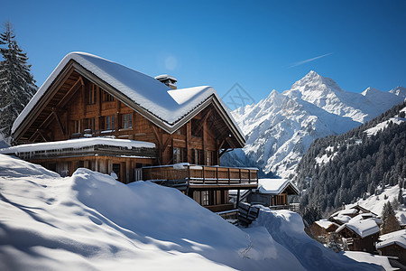 白雪皑皑的山中小屋背景图片