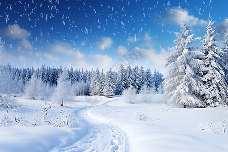 飘雪中的冬日森林高清图片