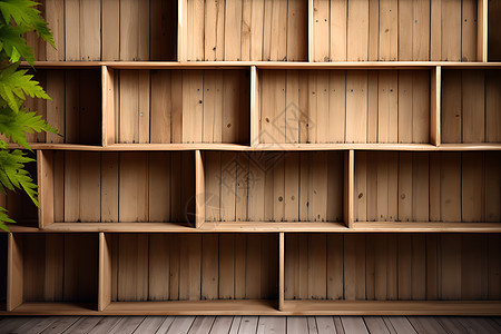 木质书架与绿植图片