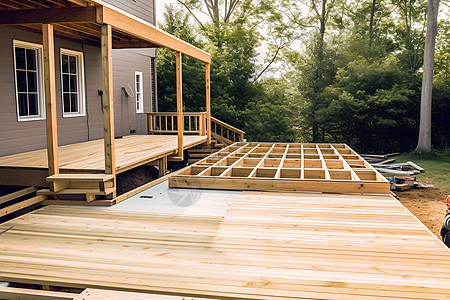 木工安装准备大件的木质露台背景