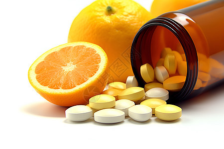 橙子和维生素片背景图片