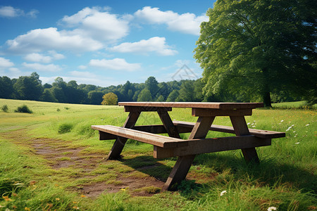 青翠草坪下的野餐桌图片