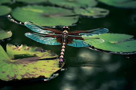荷叶上的美丽蜻蜓背景图片