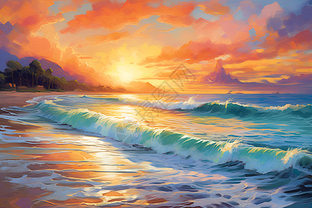 夕阳余晖下海滩图片