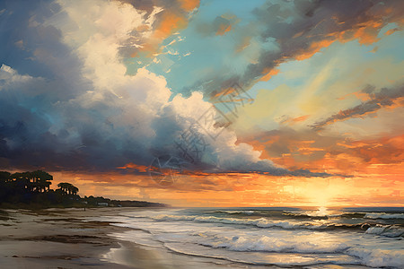 海滩上的油画风景图片