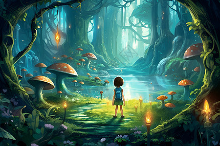 奇幻森林中的探险少女图片