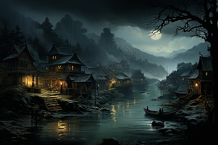 月夜的河滨村庄背景图片