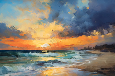 夕阳辉映下的海滩波涛拍岸图片