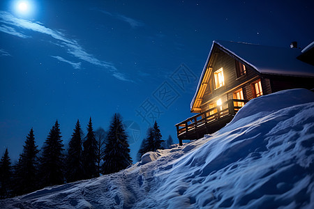 夜幕下的山谷木屋建筑图片