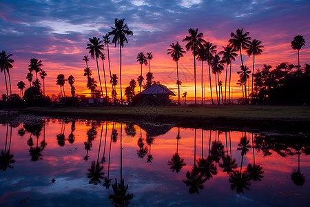 夕阳下棕榈树湖泊景观图片