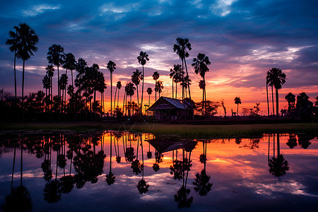 夕阳倒映着棕榈树的湖泊景观图片