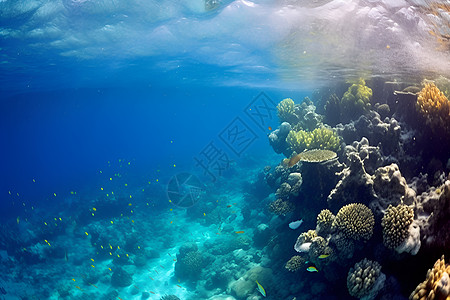 海浪礁石缤纷海底珊瑚背景