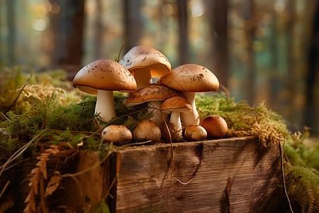 野生蘑菇在木箱上图片