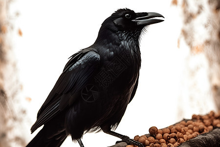 黑色的鸟儿坐在一堆食物旁图片