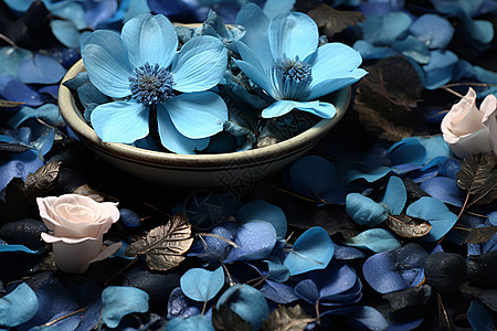 碗里摆满了蓝色花朵图片