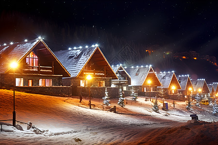 冬季雪地里的一排房屋高清图片
